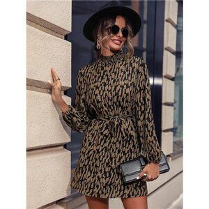Printed Tie Waist Long Sleeve Dress